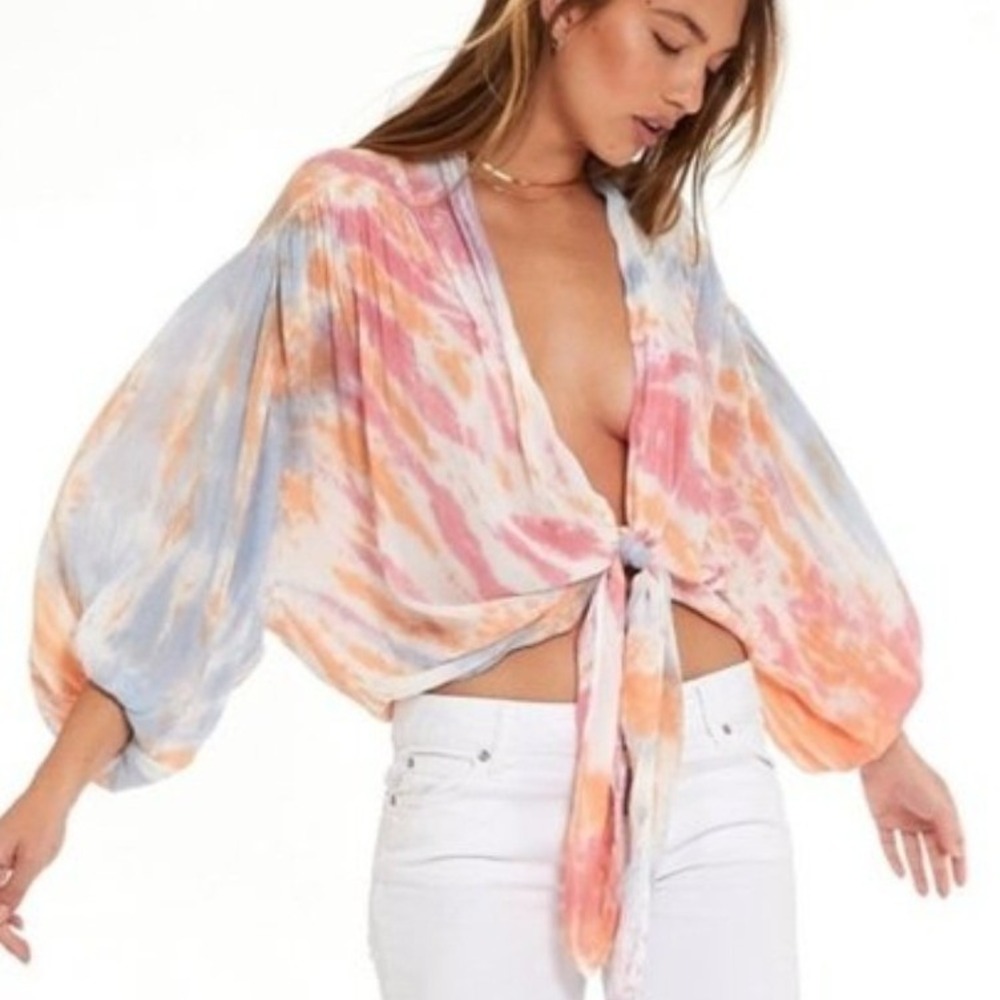 Young Fabulous & Broke Tie Dye Tie Front Top Pink Orange Blue Large